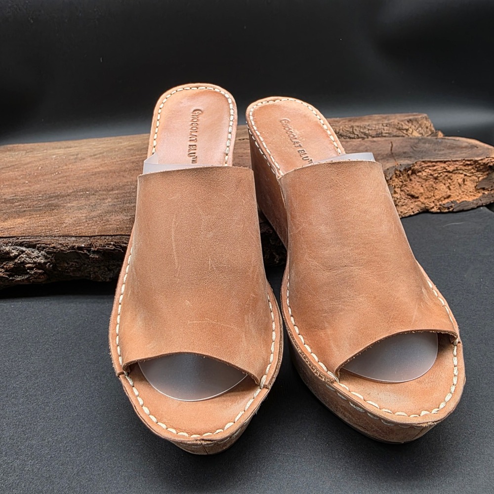 Boho Chocolat Blu Wedge Sandals W 8.5 Tan Leather Peep Toe Platform Mules Party